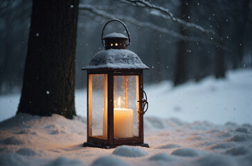 Christmas Lantern Illuminating Snowy Scene
