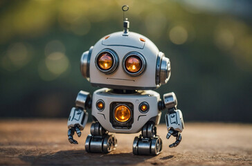 Small Cute Robot Posed Against a Blurred Natural Backdrop During Golden Hour