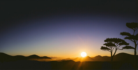 Fototapeta na wymiar Sun Setting Over Mountain Range