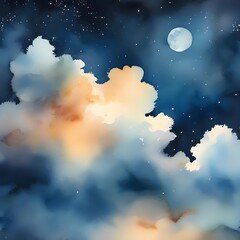 A magnificent watercolor illustration of a cloudy night sky and stars. Generative AI