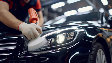Professional detailing a car in car studio hands.