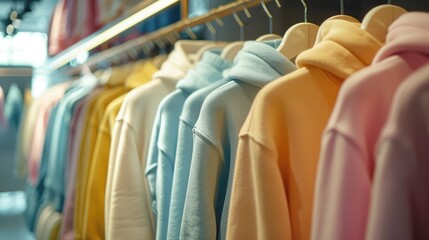 Fototapeta premium Close-up view of a variety of colorful youth cashmere sweaters and hoodies on a clothes rack, highlighting the detailed textures and candy pastel colors.