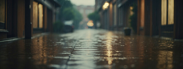Rain-Drenched Alleyway at Dusk Reflecting Street Lights