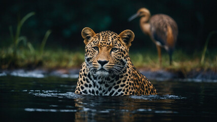 Leopard in Water With Bird in Background