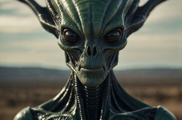 Close Up of Alien Head With Sky Background - obrazy, fototapety, plakaty