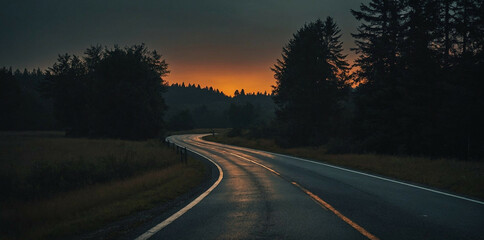 The Sun Setting Over a Road in the Woods