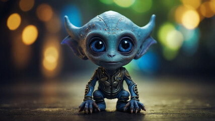 Cute Matured Alien Figurine Kneeling on a Wooden Surface, Evening Ambiance With Bokeh Lights - obrazy, fototapety, plakaty