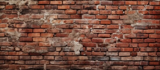 Obraz premium A wide panorama showcasing an old red brick wall without any visible mortar, revealing a unique interlocking design. The weathered bricks create a striking visual pattern.