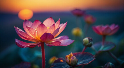 Vibrant Lotus Flowers Blossoming at Dusk in a Serene Water Garden, bokeh background