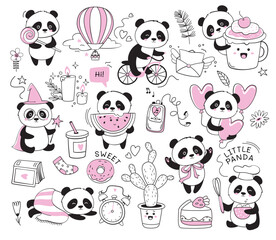 Cute little panda cartoon character doodle animal design for baby shower vector illustration