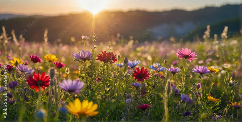 Wall mural Colorful Field of Wildflowers With Sun in Background