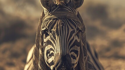 A zebra wearing a camouflaging cloak blending into the savannah to sneak up on friends - obrazy, fototapety, plakaty
