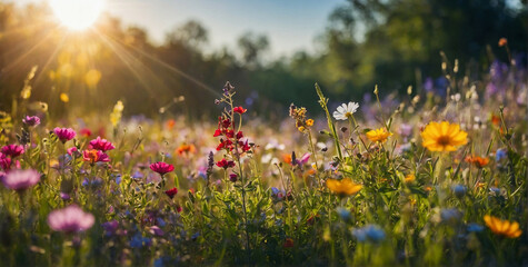 Vibrant Wildflower Field Under Sunlight - obrazy, fototapety, plakaty