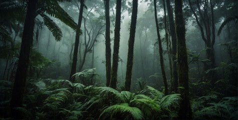 Dense Forest Filled With Trees and Ferns - obrazy, fototapety, plakaty