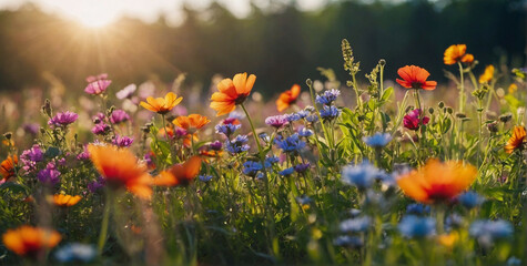 Colorful Wildflower Field With Sun in Background - obrazy, fototapety, plakaty