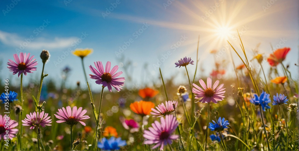 Wall mural vibrant flower meadow under blue sky