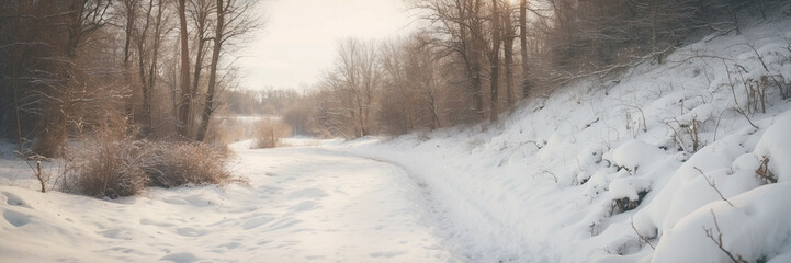 Snow Covered Path in Wooded Area