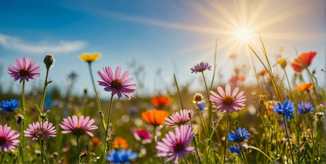 Obraz na płótnie Canvas Vibrant Flower Meadow Under Blue Sky