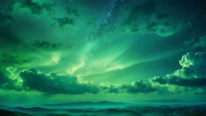 Fototapeta na wymiar Green Sky Filled With Clouds and Stars