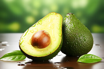 Avocado half with brown seeds and whole placed on brown wooden floor, natural blurred green background. Ripe fresh green avocado. Avocado Clipping Path. Realistic clipart template pattern.
