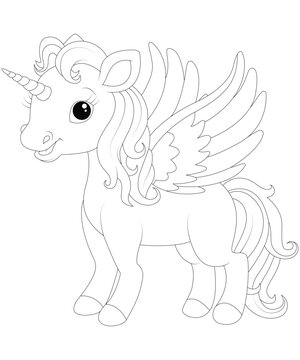 Unique and Cute Unicorn coloring page for kids . Unicorn coloring book page for children . Art & Illustration