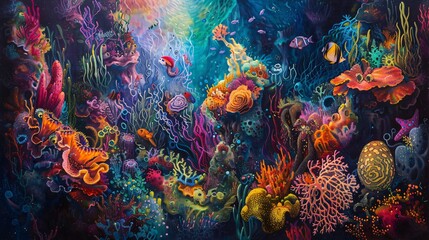Naklejka na ściany i meble An abstract exploration of the underwater world with sea creatures and corals represented as colorful imaginative forms
