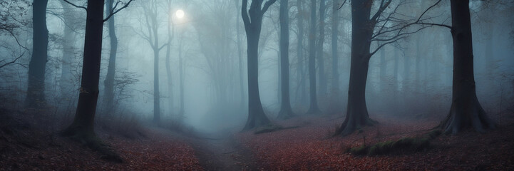Dense Misty Forest With Abundant Trees - obrazy, fototapety, plakaty