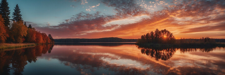 Sunset Over Lake Surrounded by Trees