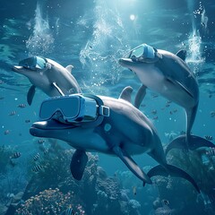Dolphins immersed in an undersea virtual reality game chasing digital fish with delighted clicks - obrazy, fototapety, plakaty