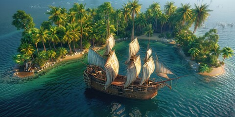 An island with a pirate ship in the middle of it