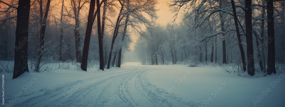 Sticker snow covered road in forest at sunset