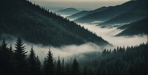 Misty Mountain Landscape With Fir Forest in Vintage Retro Style at Twilight - obrazy, fototapety, plakaty