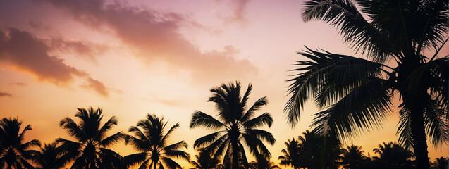 Fototapeta na wymiar Palm Trees Silhouetted Against Vivid Sunset