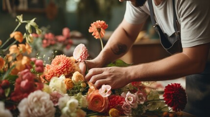 Male florist creating bouquet in flower shop, close up. Man is creating a bouquet - obrazy, fototapety, plakaty
