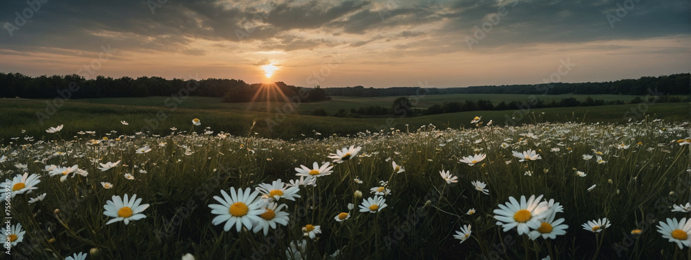 Wall mural Field of White Daisies Under Cloudy Sky