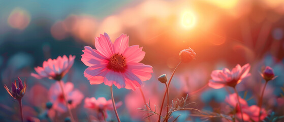 pink flowers in a field at sunset