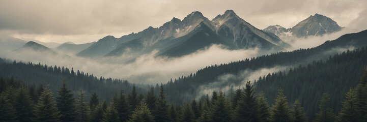 Foggy Mountain Range in Natures Embrace - obrazy, fototapety, plakaty