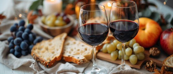 wine and bread with grapes and apples