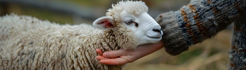 A person is petting a white sheep