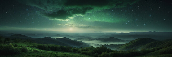 Green and Black Sky Filled With Stars and Clouds