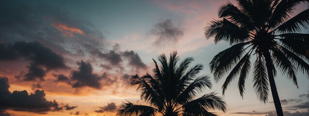 Palm Trees Silhouetted Against Sunset Sky - obrazy, fototapety, plakaty