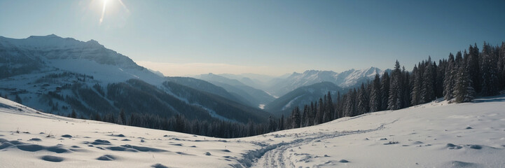 Sun Shining Over Snowy Mountain