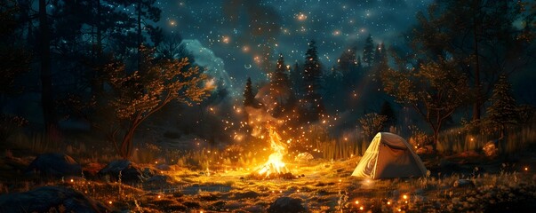 A campfire is lit in a forest with a tent nearby
