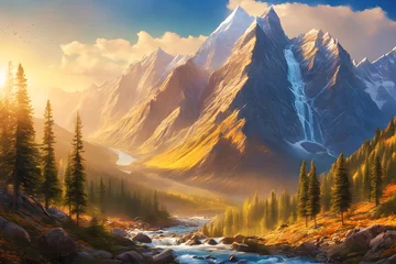 Foto op Canvas Landscape of Two Mountains and River (JPG 300Dpi 10800x7200) © CreativityMultiverse