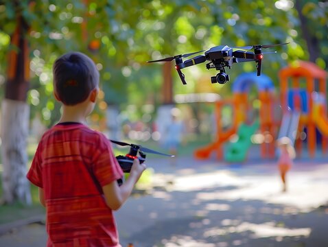 A boy is flying a drone in a park