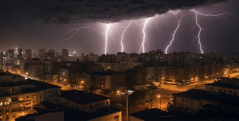 Lightning Storm Over City at Night