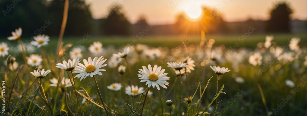 Poster Field of Daisies at Sunset