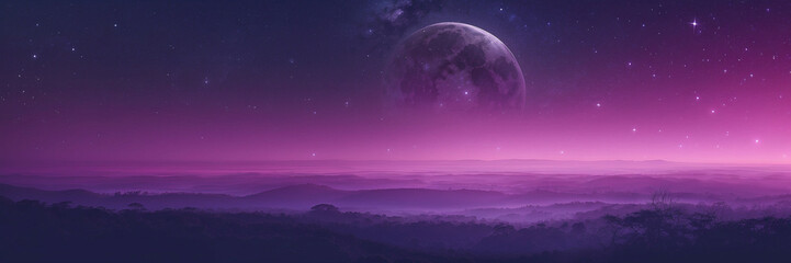 Distant Planet Silhouetted in Purple Mystical Moonlight Sky