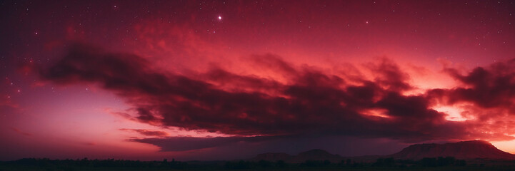 Fototapeta na wymiar Dusk Sky Over Mountainous Landscape With Red Gradient and Twinkling Stars
