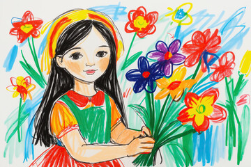 girl with spring flowers kids children crayon drawing